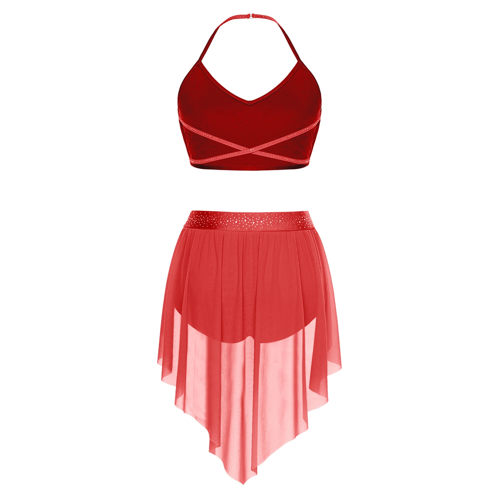 Lyrisches Jazz-Latin-Tanz-Outfit für Damen, glitzerndes Strass-V-Ausschnitt, rückenfreies Leibchen-Top + Shorts mit unregelmäßigem Mesh-Saum, 2-teiliges Set