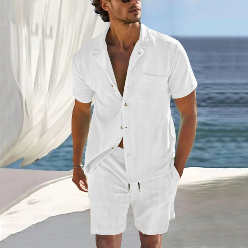 2024 European and American men\'s new casual and comfortable button-down lapel shirt short-sleeved shorts suit