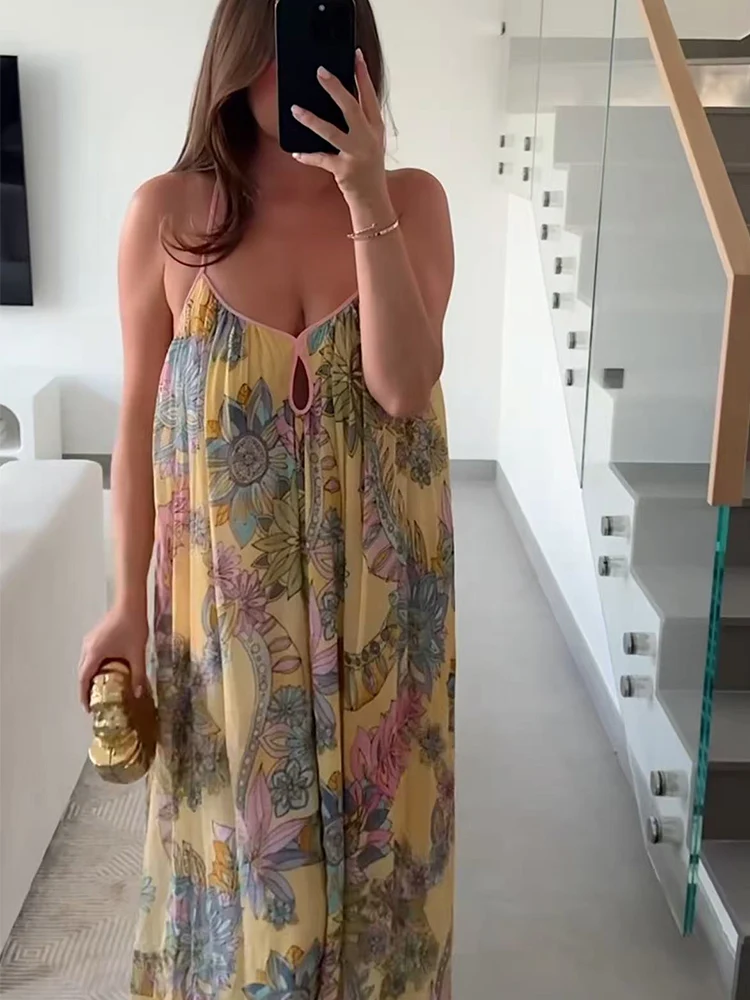 TFMLN Elegant Women Casual Print Dress Sleeveless Party Summer V Neck Sling Loose Dress Fashion Holiday Beach Style Long Dresses