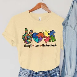 Accept Love and Understand Print T-shirts Autism Awareness T Shirts Color Puzzle Block Women's Tees Harajuku Korean Tops 2023