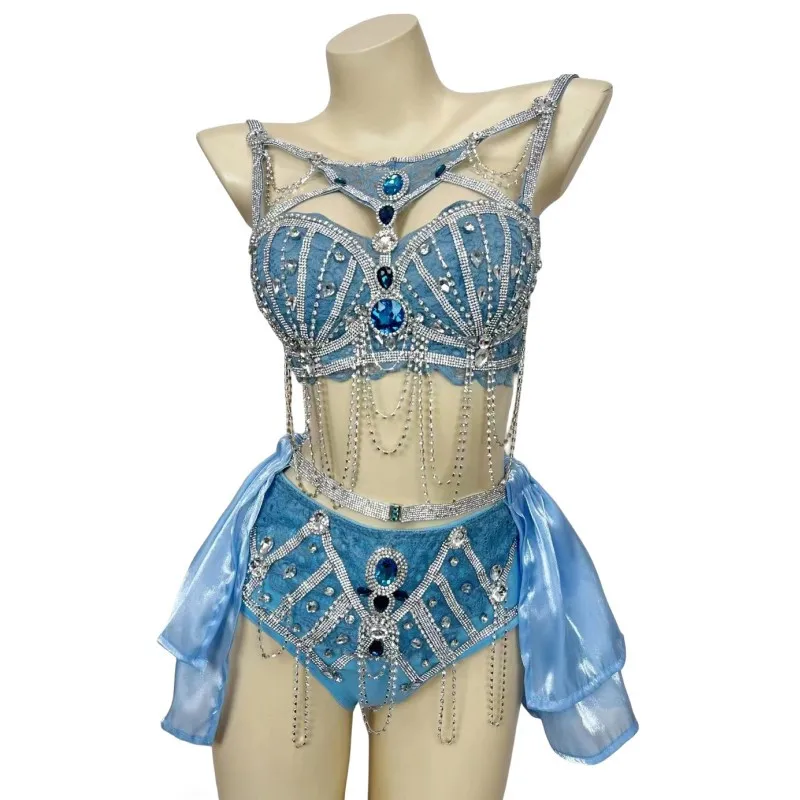 Blauw Sexy Glanzende Steentjes Bikini Elektrische Lettergreep Disco Pole Dance Kostuum DJ Danser Gogo Party Show Rave Outfit Stadium Slijtage