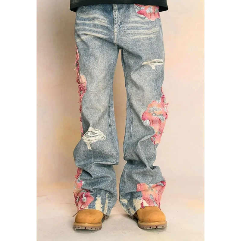 

Combhasaki Men Washed Ripped Jeans Fashion Y2K Floral Lace Patch Denim Long Pants Spring Fall Casual Trousers with Pockets