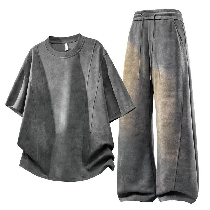 Conjunto de Verano de Moda, Color Sólido, Estilo Retro Americano, Camiseta de Manga Corta y Pantalones, Conjunto de Dos Piezas Deportivo Informal Holgado para Hombre, Talla Grande