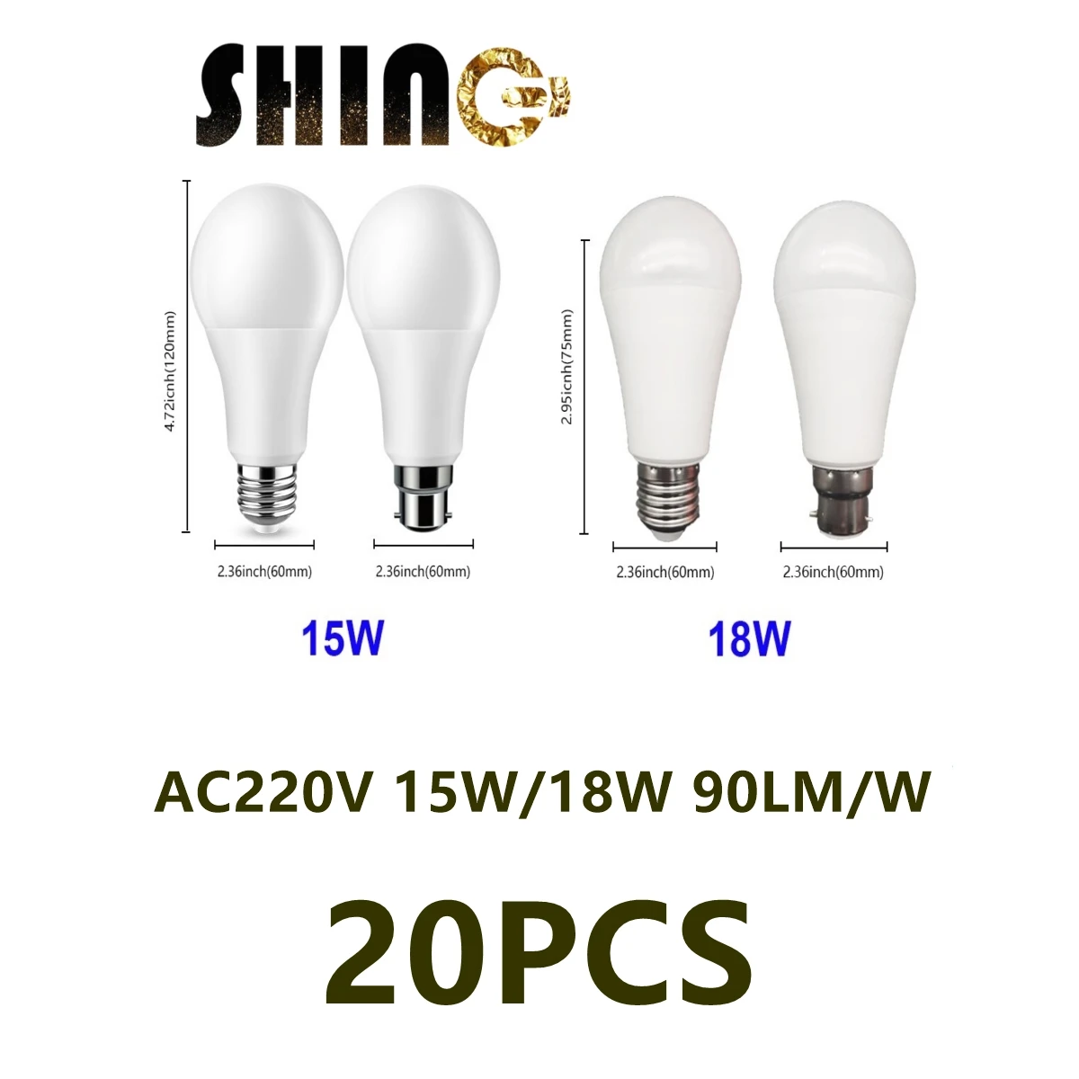 

20pcs LED Bulb Lamps A60 E27 B22 AC220V-240V 15W 18W high Power 3000K/4000K/6000K Lampada Energy Saving Lamp