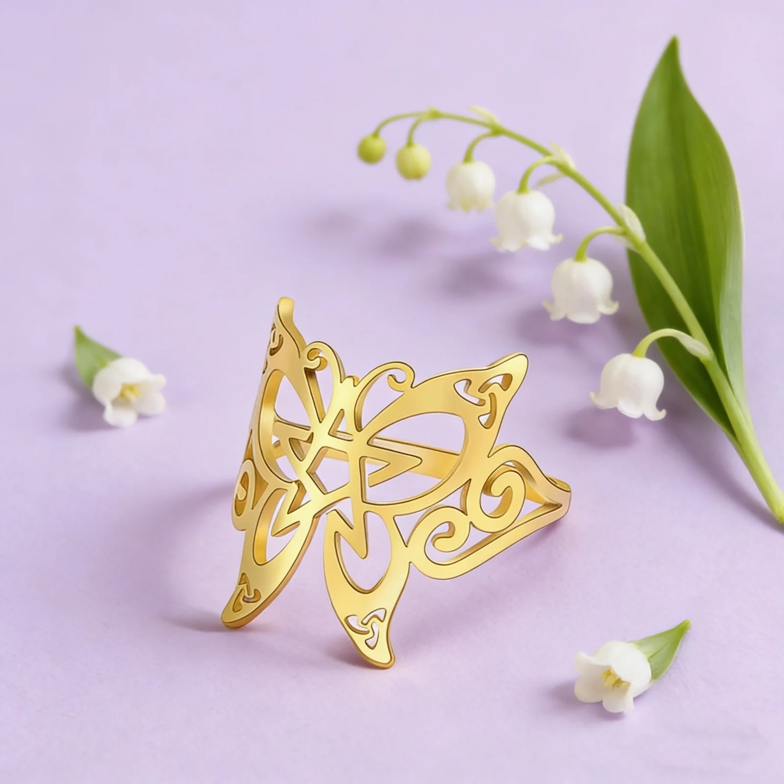 Schmetterlings-Fingerring, Pentagramm-Amulett, übernatürliches Geschenk für Mann und Frau, hohler Edelstahl, goldfarben, Punk-Schmuck
