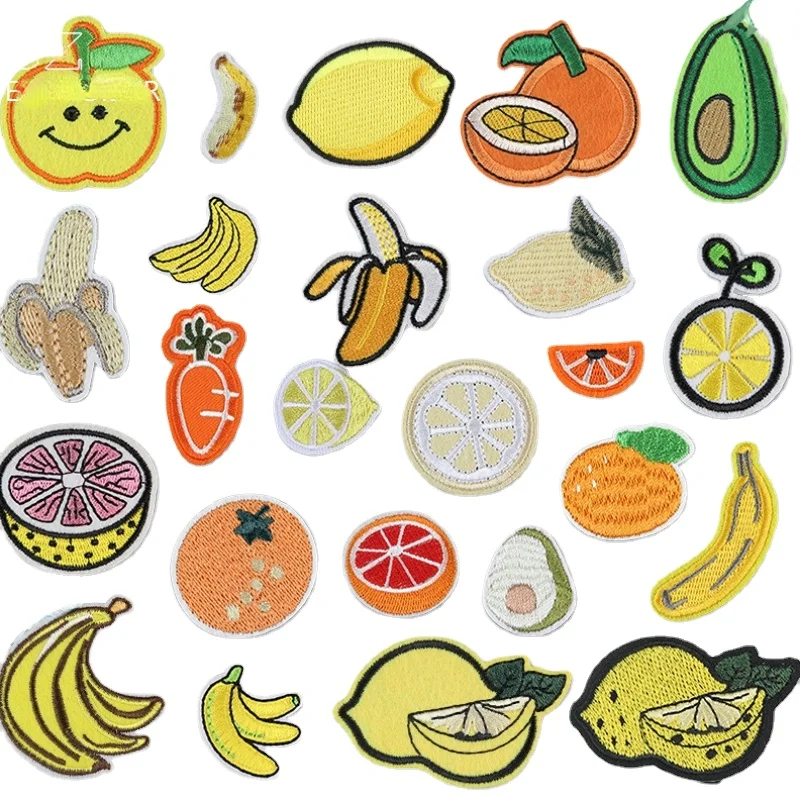 

100pcs/Lot Luxury Anime Embroidery Patch Yellow Orange Fruit Lemon Banana Carrot Avocado Hat Clothing Decoration Craft Applique