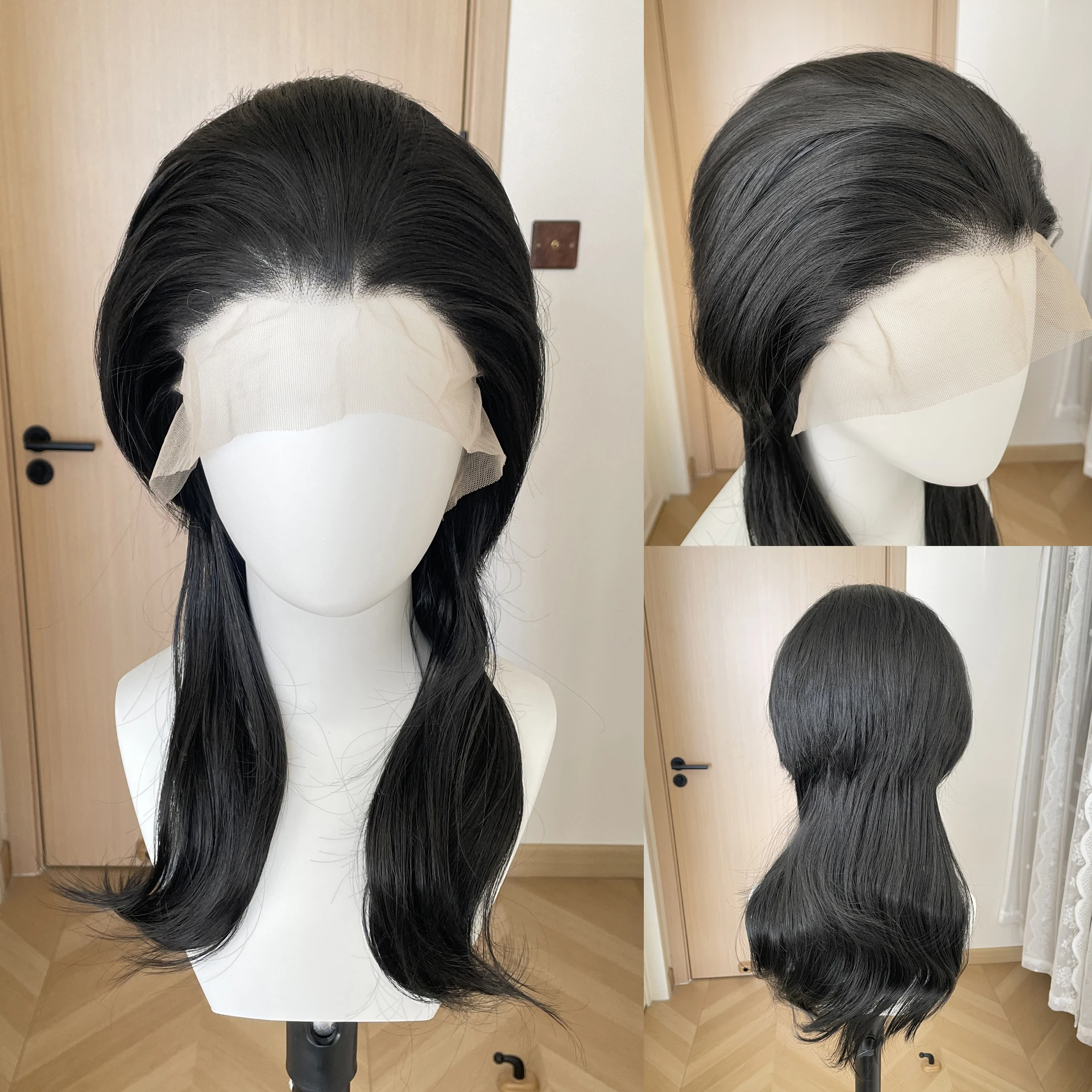 Peruca Cosplay Preta Jet, Comprimento até o Ombro, Estilo Mullet, Sintética, Lace Front 13x4, Resistente ao Calor, Sem Cola, Curta Cacheada, para Homens e Mulheres