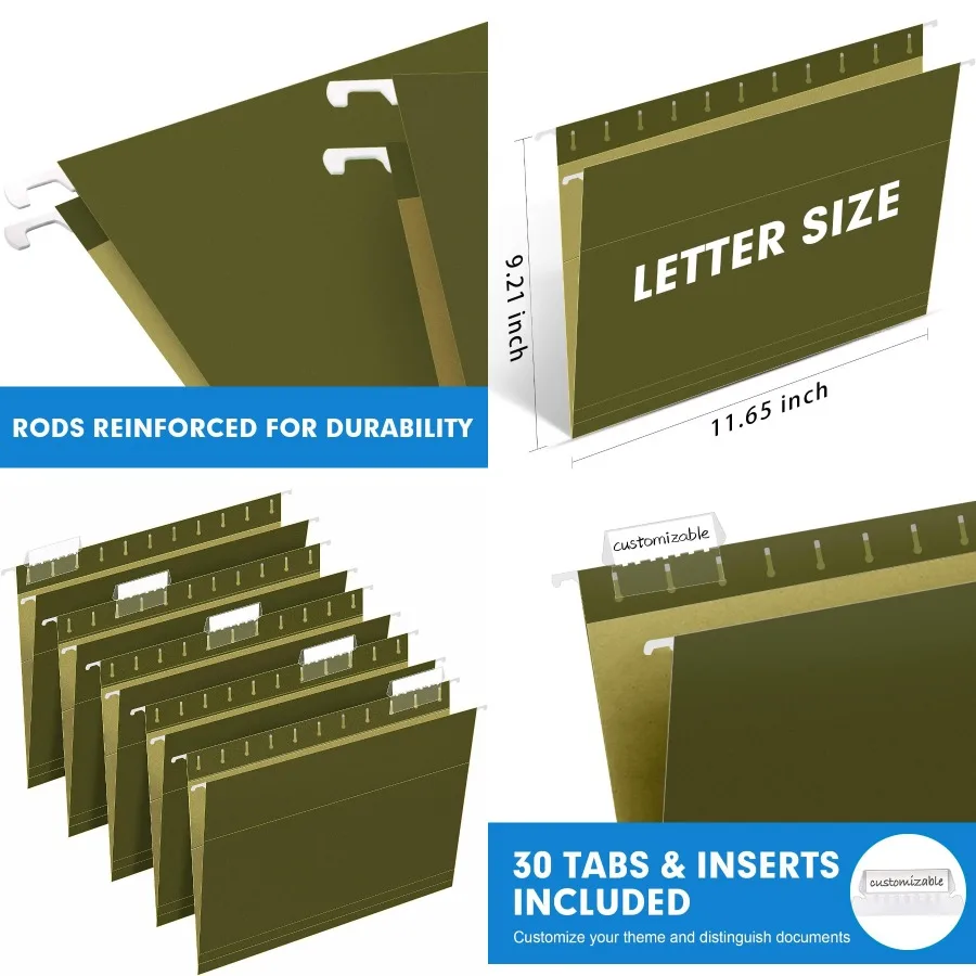 

Hanging File Folders RAZCC 30 Pack Reinforced Hanging Folders Letter Size Designed for Bulky Files Filing Cabinet Adjustable Ta