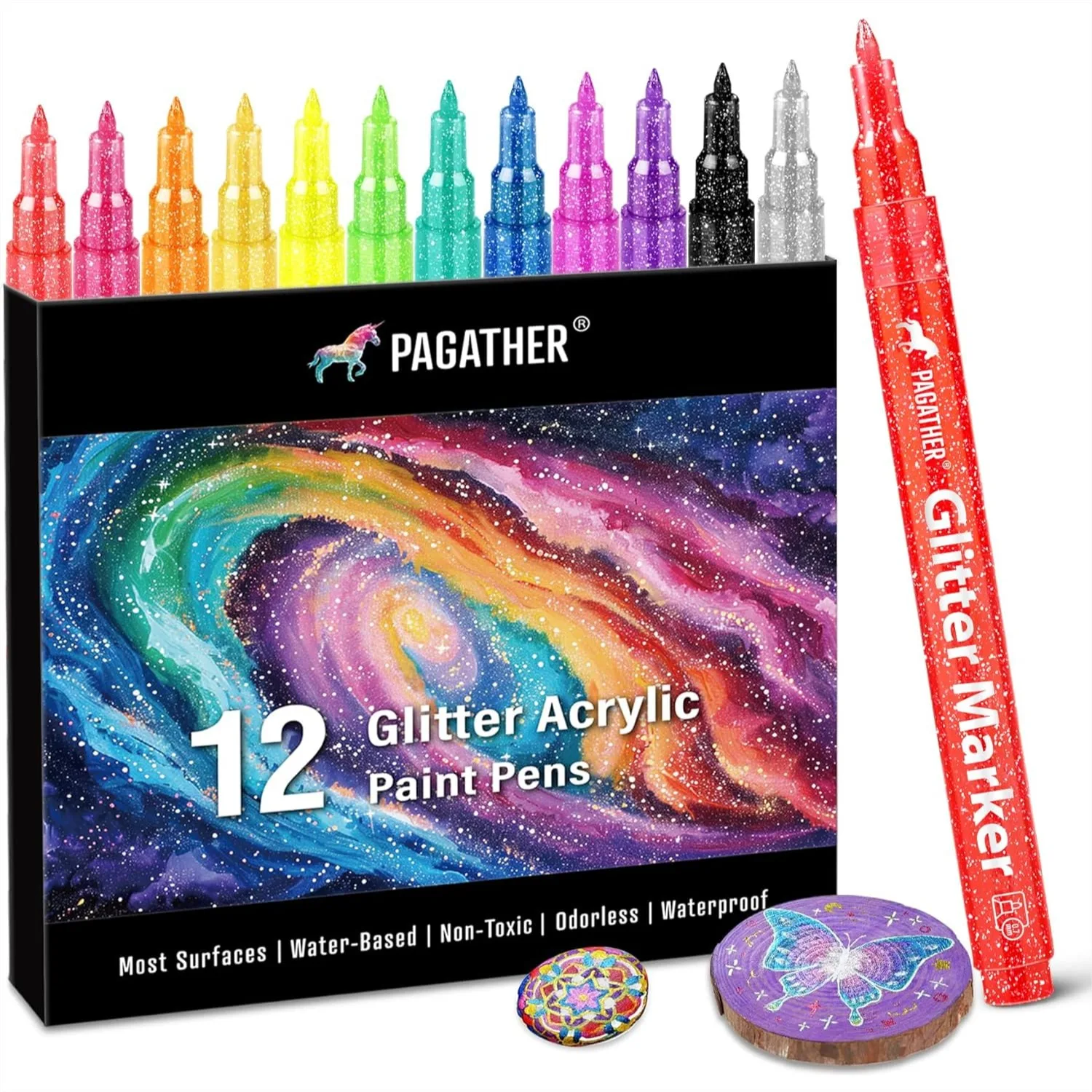 

Glitter Markers 12 Colors, 0.7mm Extra Fine Tip Sparkling Acrylic Paint Pens for Adult Coloring, DIY Crafts on Paper, Rock