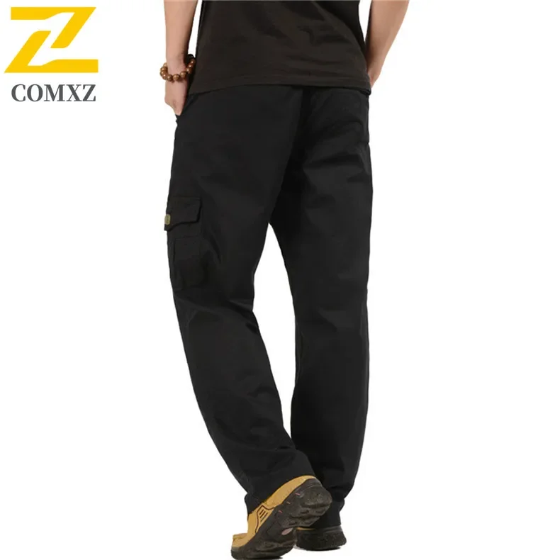 Retro Wide Leg Cargo Straight Pants Men's Outdoor Elastic Waist Workwear Trousers Harajuku Streetwear Khaki Cotton Pocket Pants