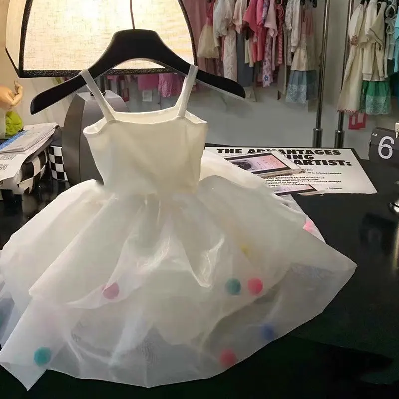 

Girls Skirt Colorful Hairball Suspender Little Fresh Princess Dress Dress 2025 Summer New Children's Clothing Fashion