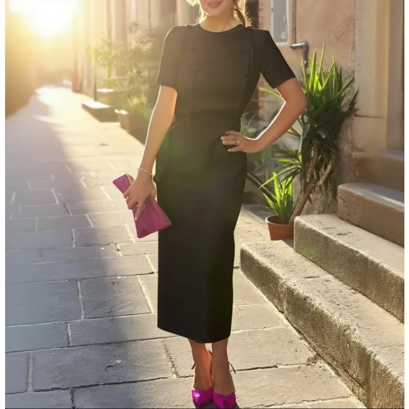 

Tinaa Office Lady Straight Plus Size Dresses 2025 Midi O-neck Short Sleeve Button Solid Color Female Elegant Long Dress 180154
