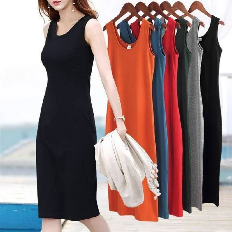 

Summer Women Casual Sheath Dress Lady Sleeveless Tank Top Dress Long Slip Plus Size Women Girl Dress