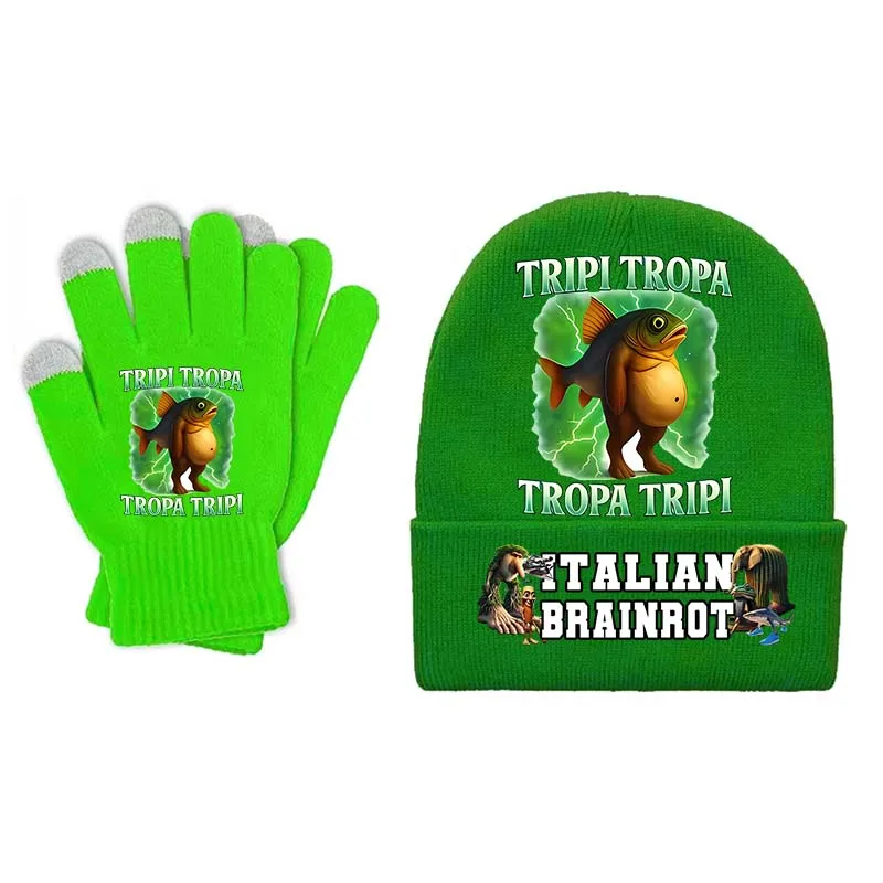 2pcs Italian Brainrot Animals Knitted Hat Gloves Cappuccino Assassino Cap Mittens Set Winter Outdoor Warmth Kid Hats Xmas Gifts