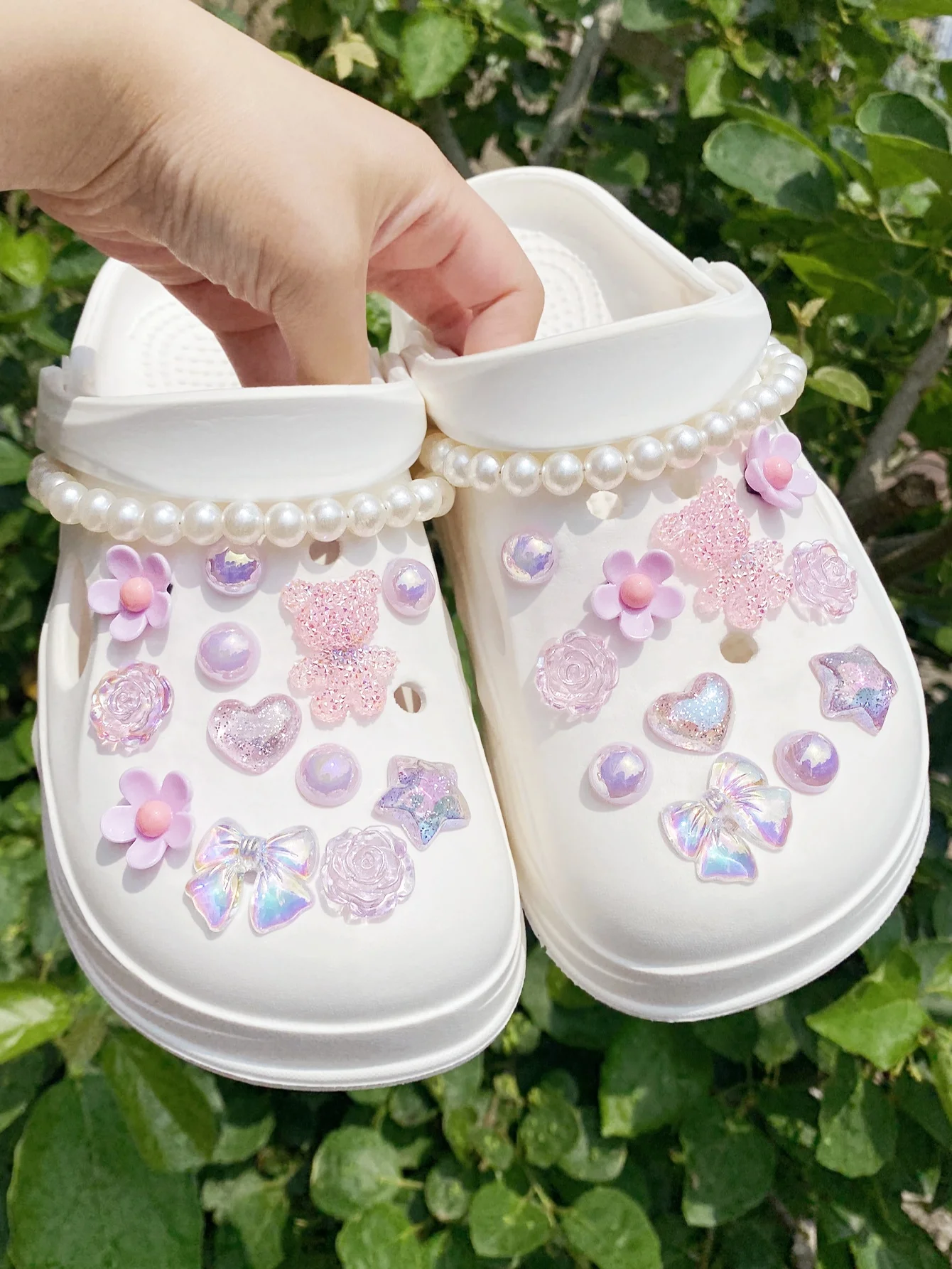 

25 штук жемчужной цепочки из АБС-пластика, розовый плюшевый мишка, блестки, любовь звезд и розовых цветов, розы, пряжка для обуви с бантом, украшение своими руками