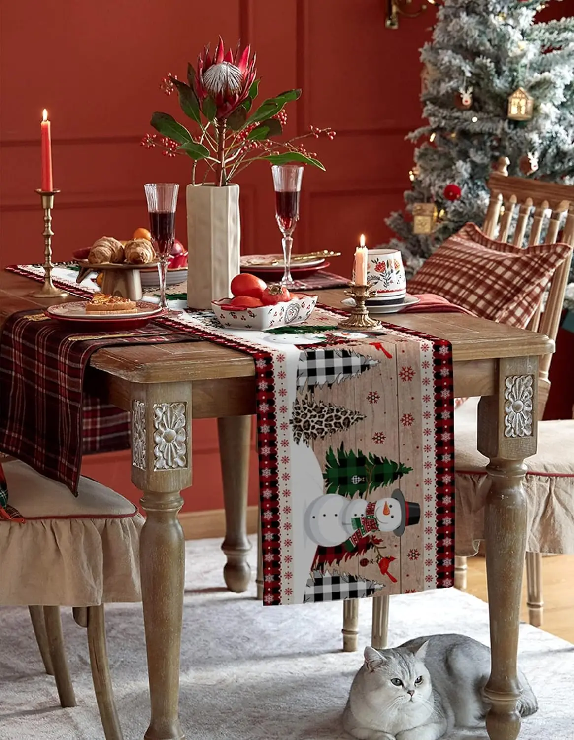 

Christmas Snowman Xmas Tree Linen Table Runner Party table Decor Winter Xmas Kitchen Dining Table Runner Christmas Decorations