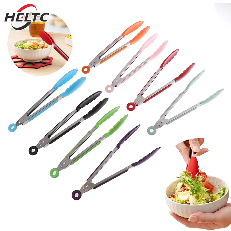 Silicone BBQ Grilling Tong Kitchen Cooking Salad Bread Serving Tong Non-Stick Barbecue Clip Clamp Stainless Steel Tools Gadgets