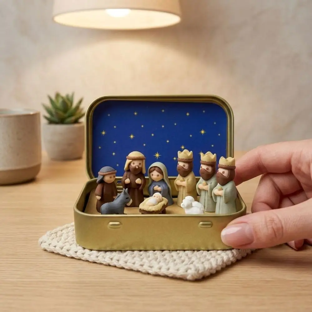 Metal Tin Box Mini Christmas Trough Set Hand Painted Holy Family Nativity Manger Scene Kit 3D Printed Shepherd Animal