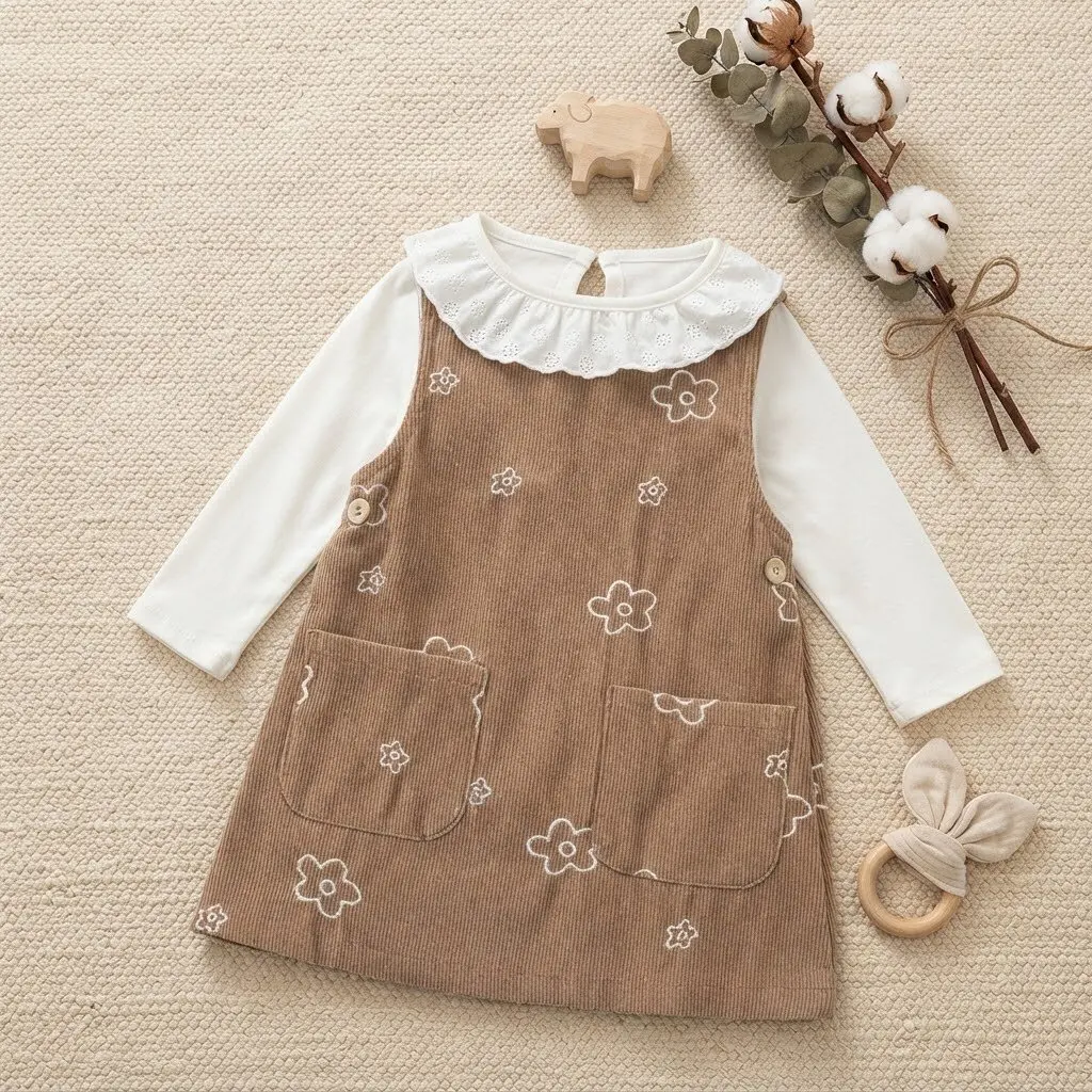 Braunes Cord-Kinderkleid für Mädchen, weißes, ärmelloses Strickkleid mit Blumenstickerei und Taschen – Detail 1