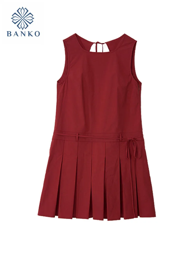 American Style Classical Red A-line Dress Women O-Neck Sleeveless Pleated Lace Up One-Piece Frocks Summer 2000s Sexy Elegance