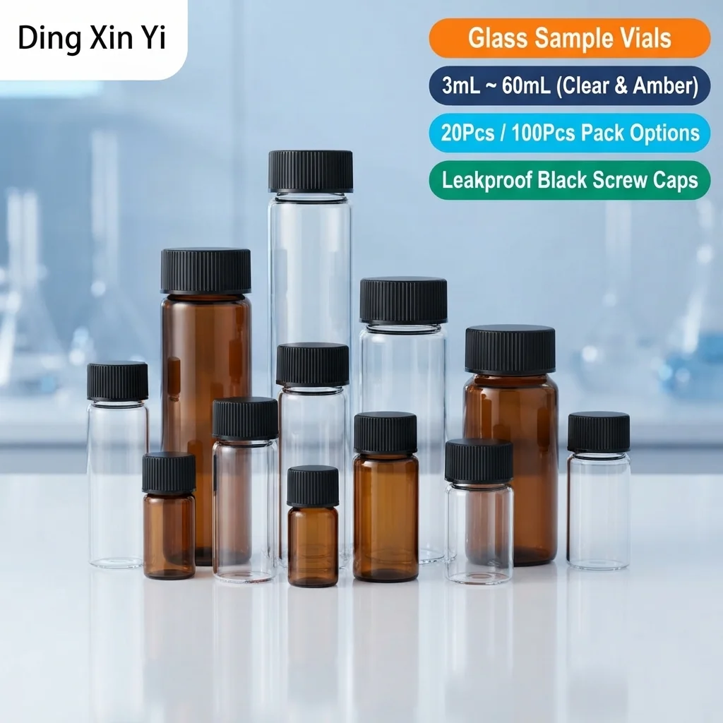 DXY 3-60mL Glass Sample Vials Clear & Amber Screw Cap Bottles 20/100Pcs Borosilicate Storage Jars for Chemistry Lab Reagent