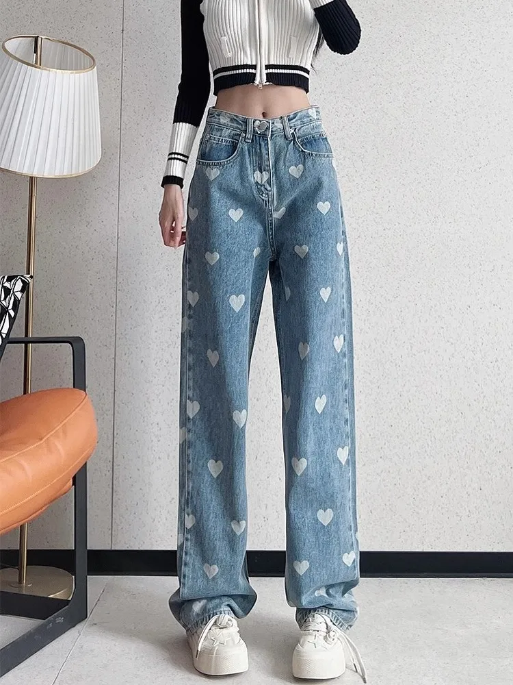 Herbst neue Frauen kawaii Herzen gedruckt locker sitzen gerade Jeans hose hohe Taille Jeans lässige Streetwear Hose weibliche Hose