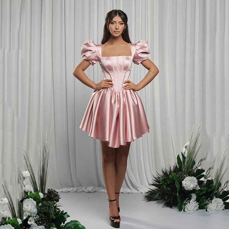 

Thinyfull Formal Mini Prom Dresses Women 2023 Square Neck Evening Dress Pink Saudi Arabia Cocktail Party Prom Gowns Custom Size