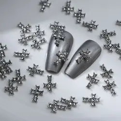 10Pcs Dark Series Cross Nail Charm Luxury Retro Silver Bottom Rhinestone Nail Art Decoration 3D Punk Cross Manicure DIY Supplies