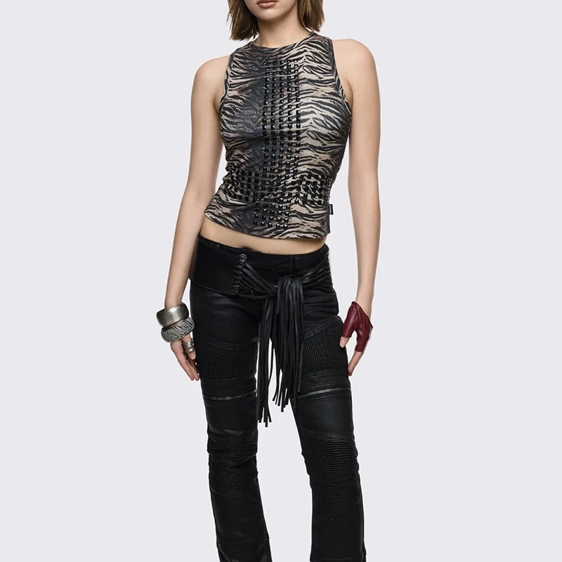 Millennium Punk Tiger Stripe Pattern Decorative Rivets Sleeveless round Neck Vest Hot Girl Slim Top Y2k Style