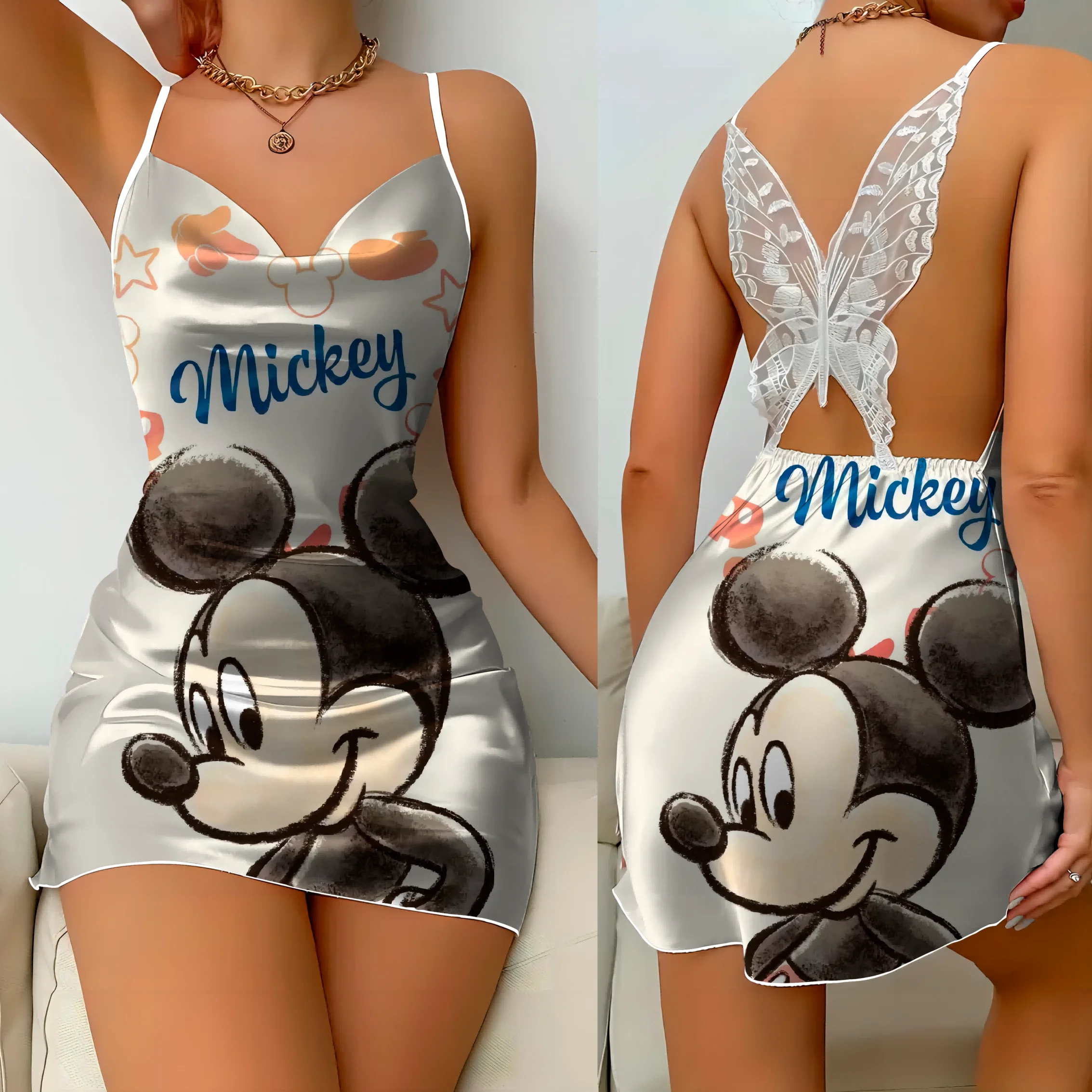 Saia de pijama Disney Minnie Mouse feminina, vestido elegante Mickey, vestido de renda de superfície cetim, nó laço, moda verão, 2024