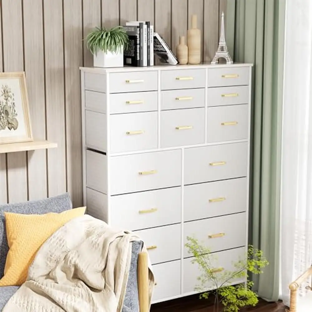 Tall 17 Drawers White Dresser Bedroom Chest of Drawers Faux Leather Front Metal Frame Modern Style Easy Assemble Stable Support