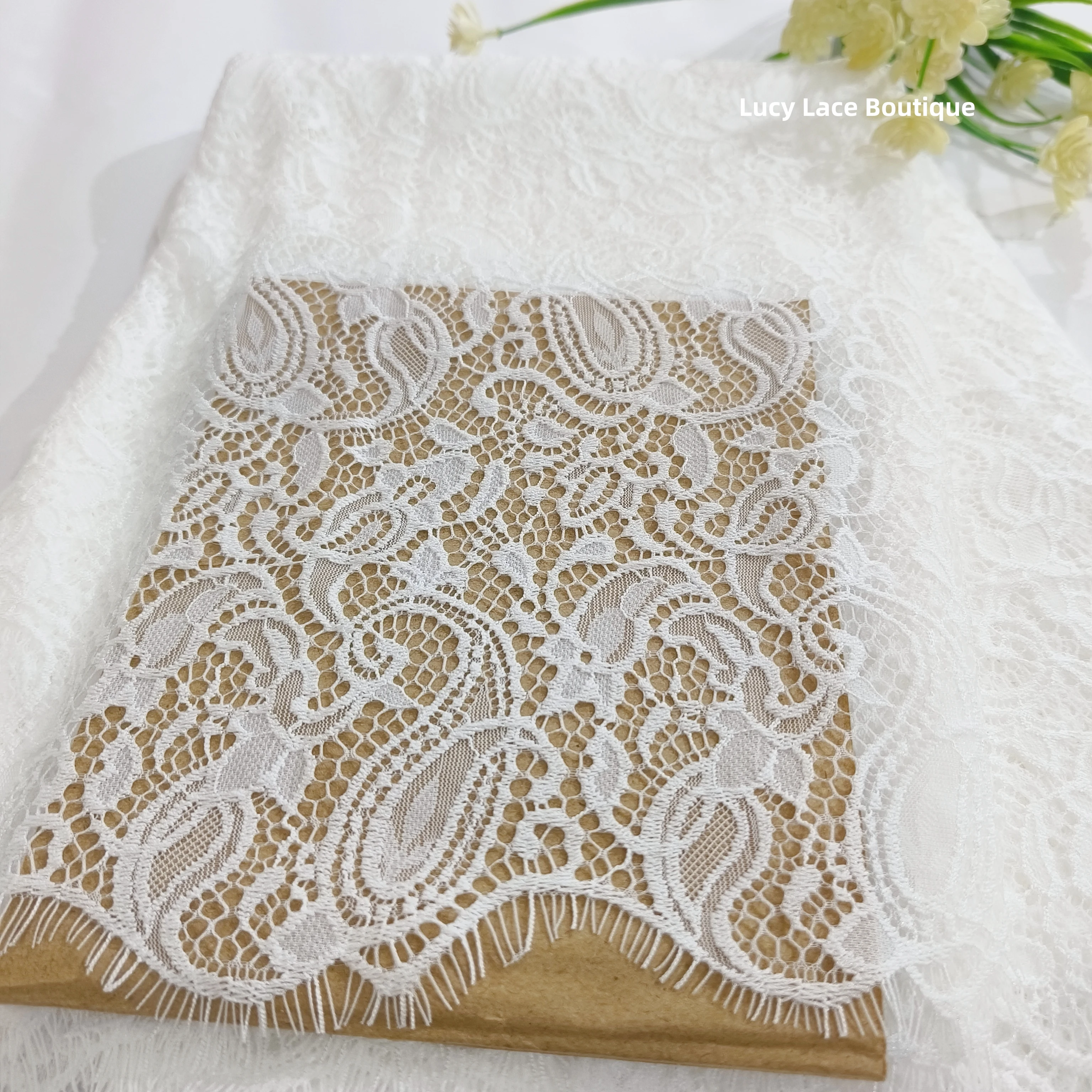 

Cashew Nuts Design Eyelash Lace Fabric Sewing Material for Woman Dress Off White 3 Meters