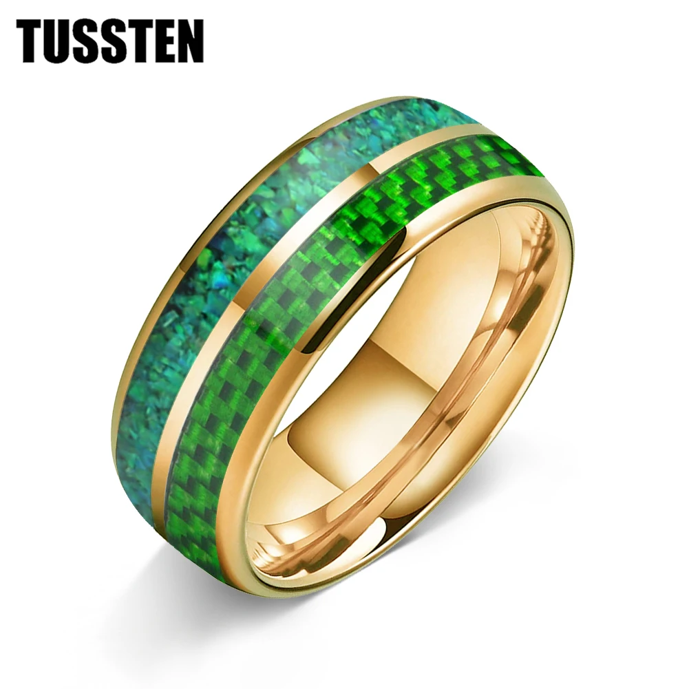 TUSSTEN 6/8MM Men and Women Marriage Tungsten Ring Dome Double Groove Inlaid Green opal and Green carbon fiber Comfortable Fit