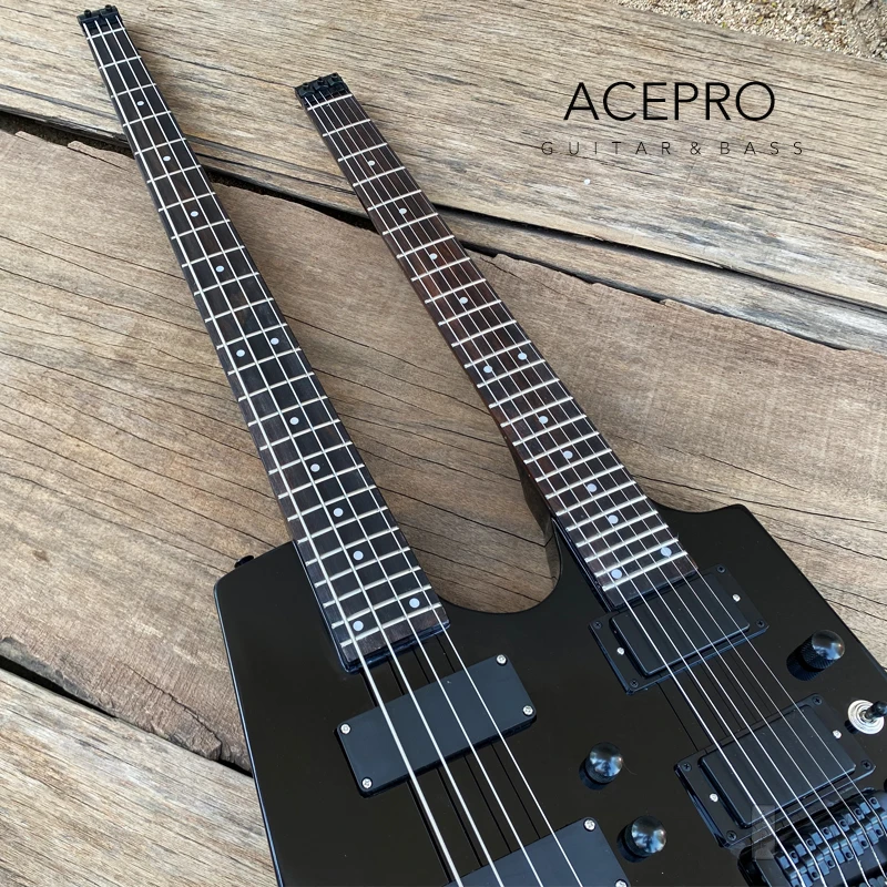In Stock Double Neck Headless Electric Guitar Black 4 String Bass on top + 6 String Guitarra Tremolo Bridge, 24F Black Hardware