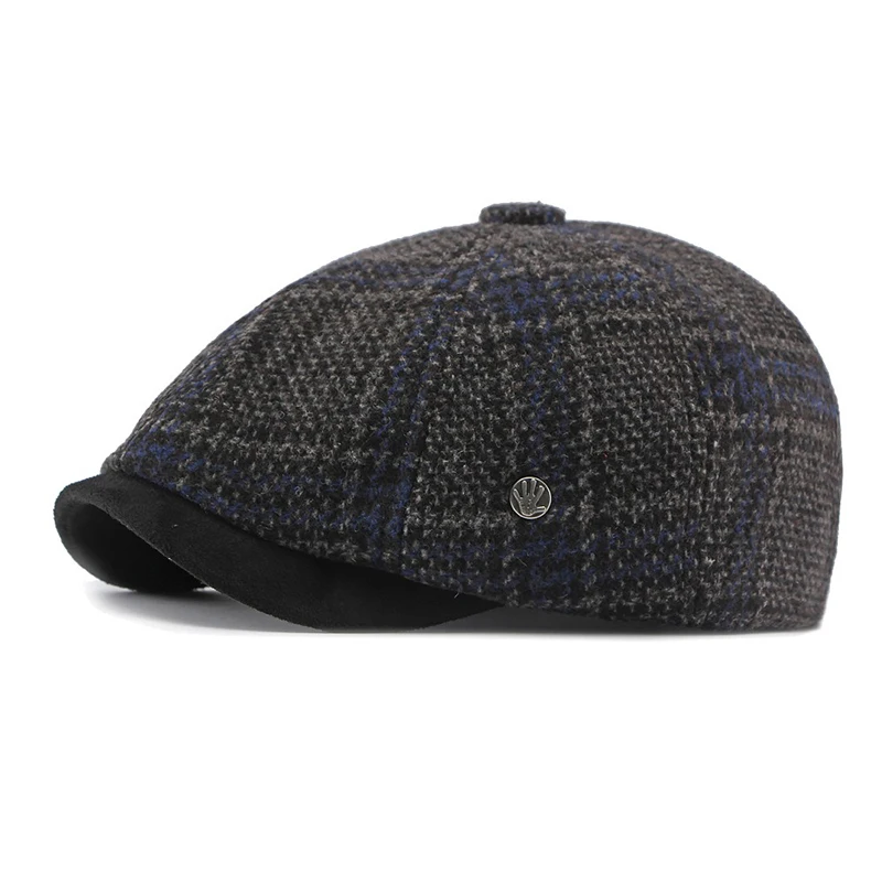 Men Tweed Newsboy Cap Vintage Plaid Ivy Flat Cap Autumn Winter Thick Warm Beret Cabbie Hat Suede Brim Peaky Blinders Baker Boy