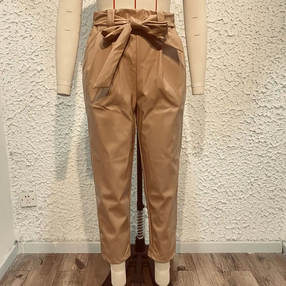 Women Straight Fit Pants Stylish Lace-up High Waist Leather Pants for Women Straight Fit Solid Color Trousers with Elastic
