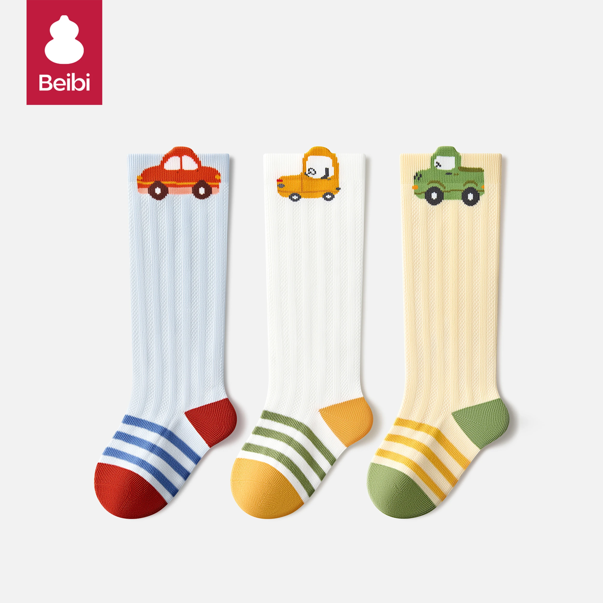 Beibi 3-pair pack of spring and summer thin over-the-knee socks, with cartoon car print, suitable for 0-3 years old