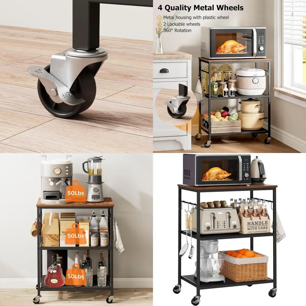 

3-Tier Rolling Kitchen Cart with Locking Wheels, Utility Storage, 6 Hooks, and Rustic Brown/Black Finish