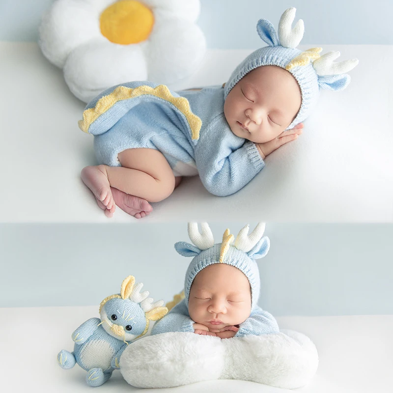 Newborn Photography Dragon Clothing Cute Blue Dragon Theme Outfit Sunflower Pose Pillow Photo Props Studio Shooting Accessories