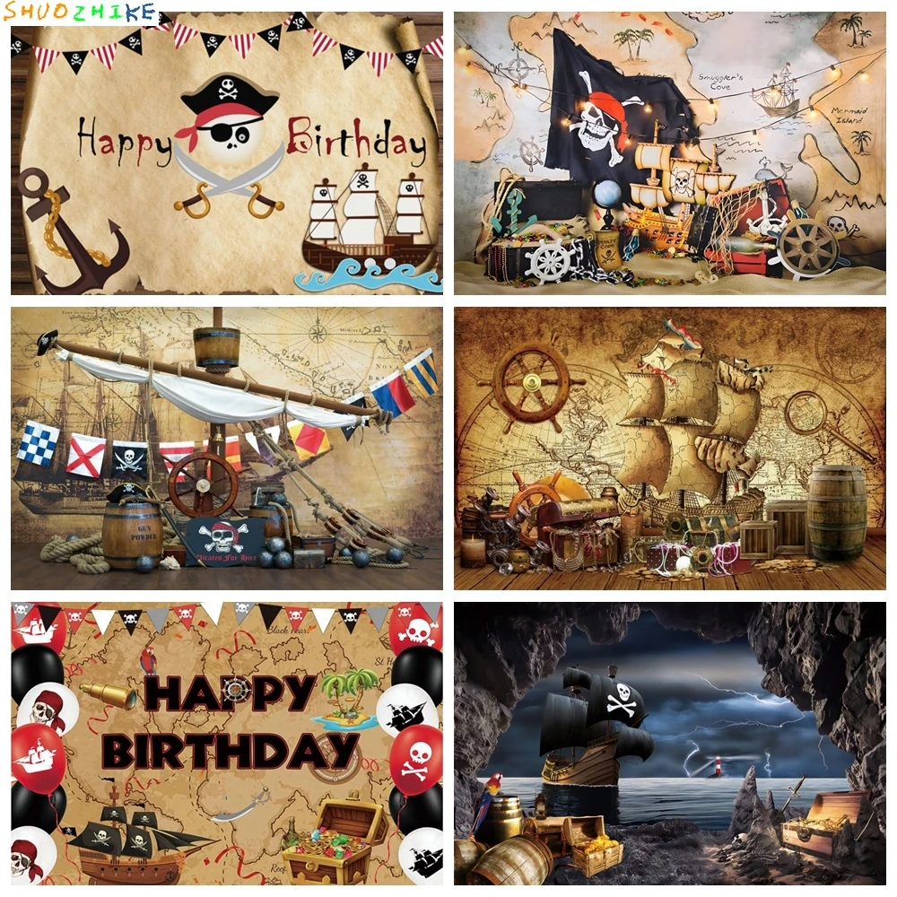Pirate Theme Sailing Treasure World Map Backdrop Boy Kids Birthday Party Photography Background Photo Studio Decor Banner