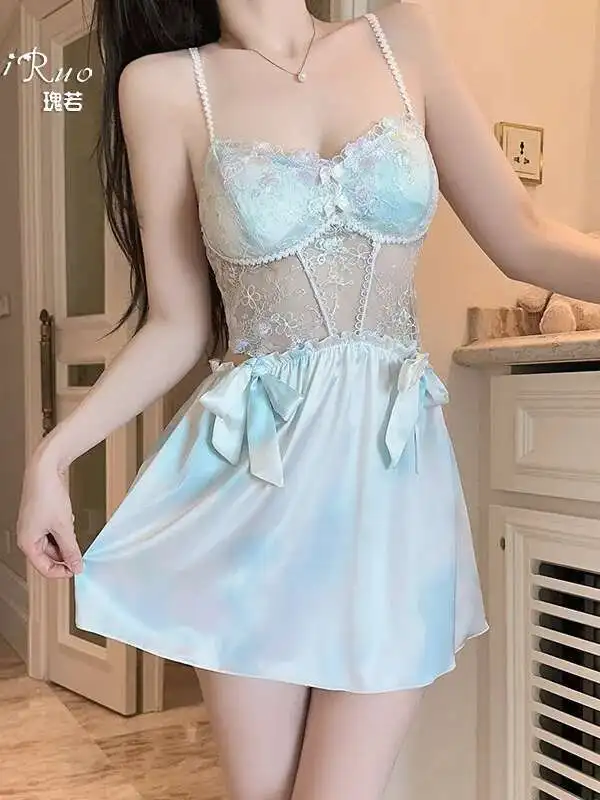 セクシーな透明な花の刺繍レースメッシュリボンドレス背中の開いたディープ V サスペンダーノースリーブドレスエレガントな魅力的なカジュアル Z0LO