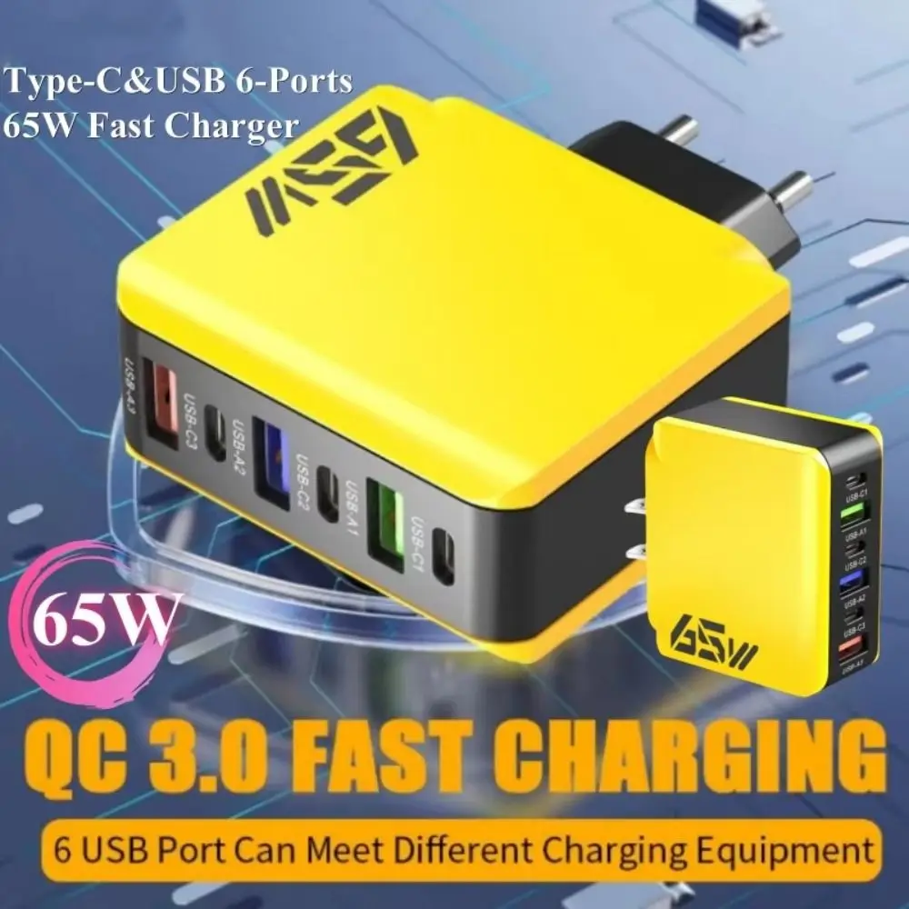 

6 Ports 65W Charger Plug USB A+C QC3.0 Phone Charger Adapter EU/US/UK Fast Charging for iPhone/Xiaomi/Samsung