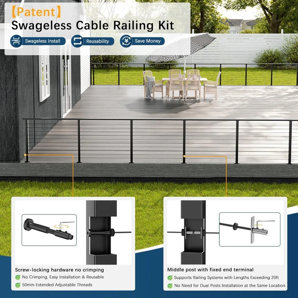 Economical Black Cable Railing System for Decks, 12-20FT, 36 Inch Posts, 4-Level, SST304 U Stainless Steel Kit