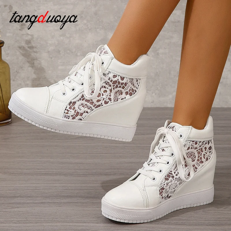 Women Wedge Platform Sneakers Lace Leather High heels Lace Up Shoes Pointed Toe Height Increasing Shoes White Casual shoes