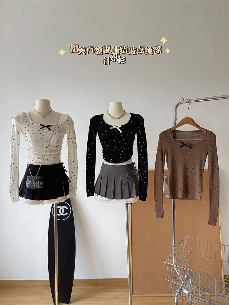 Autumn Women Korean Vintage Gyaru Long Sleeve T-Shirts O-neck Polka Dot Crop Tops Coquette Sweet Tees 2000s Aesthetic Mori Girl