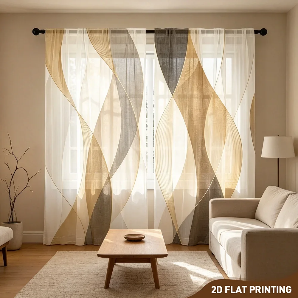 2PCS Digital Print Sheer Curtain, Light Brown Wave, Calm Minimalist Nature - Voile Drapes for Bedroom Living Room Decor