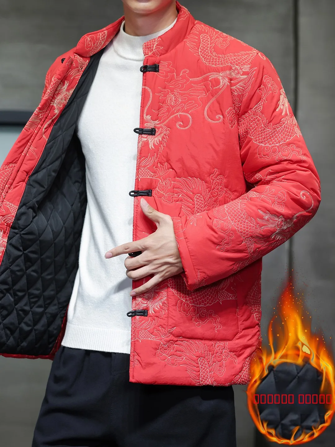 

Thiened Cotton Jaet for Men with Embroidery And Button Design Winter Warm Outerwear Traditional Chinese Sle Loose Fit