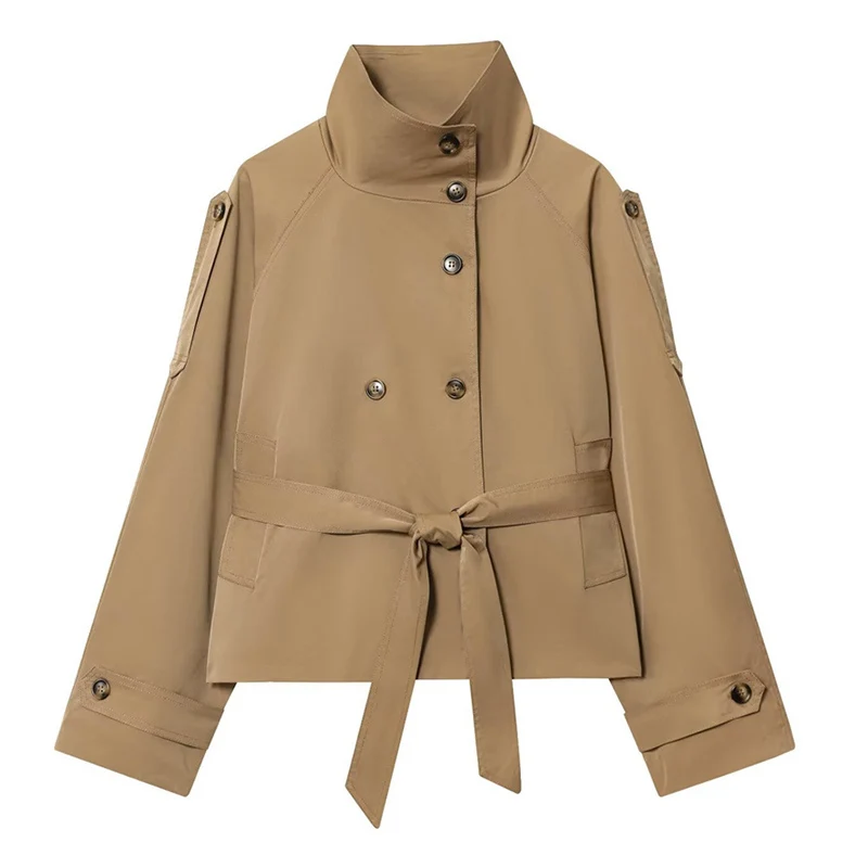 Stehkragen Kurzen Graben Mantel Frauen Mode Zweireiher Schärpen Crop Windjacke Frau High Street Langarm Jacke