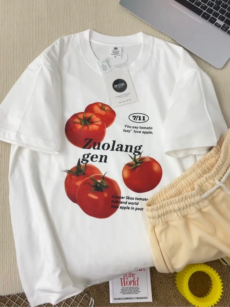 

Loose Fit Tomato Print Short Sleeve T-Shirt Men's Women's Summer Casual Cotton Blend round Neck Top Trendy Sweet Spicy