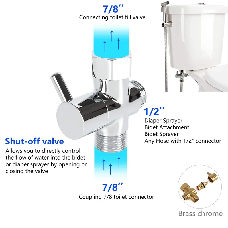 Brass Bidet T Adapter Valve 3 Way Shut Off Tee Connector For Toilet Bidet Sprayer T Adapter Diaper Adapter 7/8 7/8 1/2